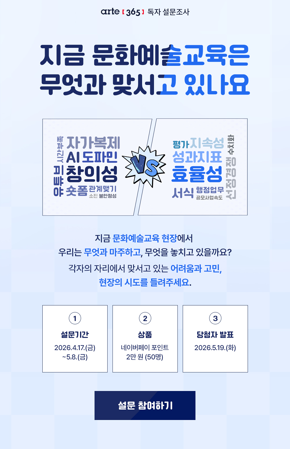 arte365 독자 설문조사
지금 문화예술교육은 무엇과 맞서고 있나요

창의성 | 자가복제 | AI | 도파민 | 숏폼 | 유튜브 | 시간부족 | 관계맺기 | 소진 | 불안정성
VS
효율성 | 성과지표 | 지속성 | 서식 | 선정경쟁 | 평가 | 수치화 | 행정업무 | 공모사업속도

지금 문화예술교육 현장에서 
우리는 무엇과 마주하고, 무엇을 놓치고 있을까요?
각자의 자리에서 맞서고 있는 어려움과 고민, 
현장의 시도를 들려주세요.
1. 설문기간 : 2026.4.17.(금)~5.8.(금)
2. 상품 : 네이버페이 포인트 2만 원 (50명)
3. 당첨자 발표 : 2026.5.19.(화)
설문 참여하기